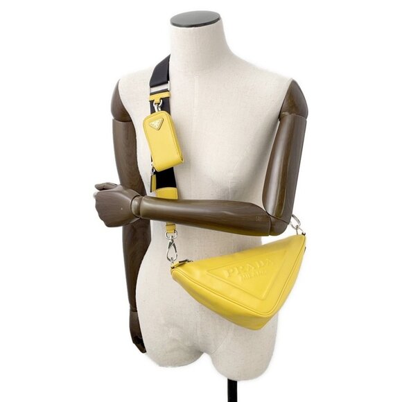 PRADA Triangle Shoulder Bag Leather Yellow 1BH190 - Picture 3 of 14